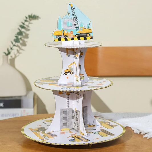 Etajera pentru Prajituri si Cupcakes, Suport Deserturi Tema Utilaje de Santier, Carton Rezistent, 3 Nivele, Diametru 16/22/29 cm, Inaltime 38 cm, Multicolor
