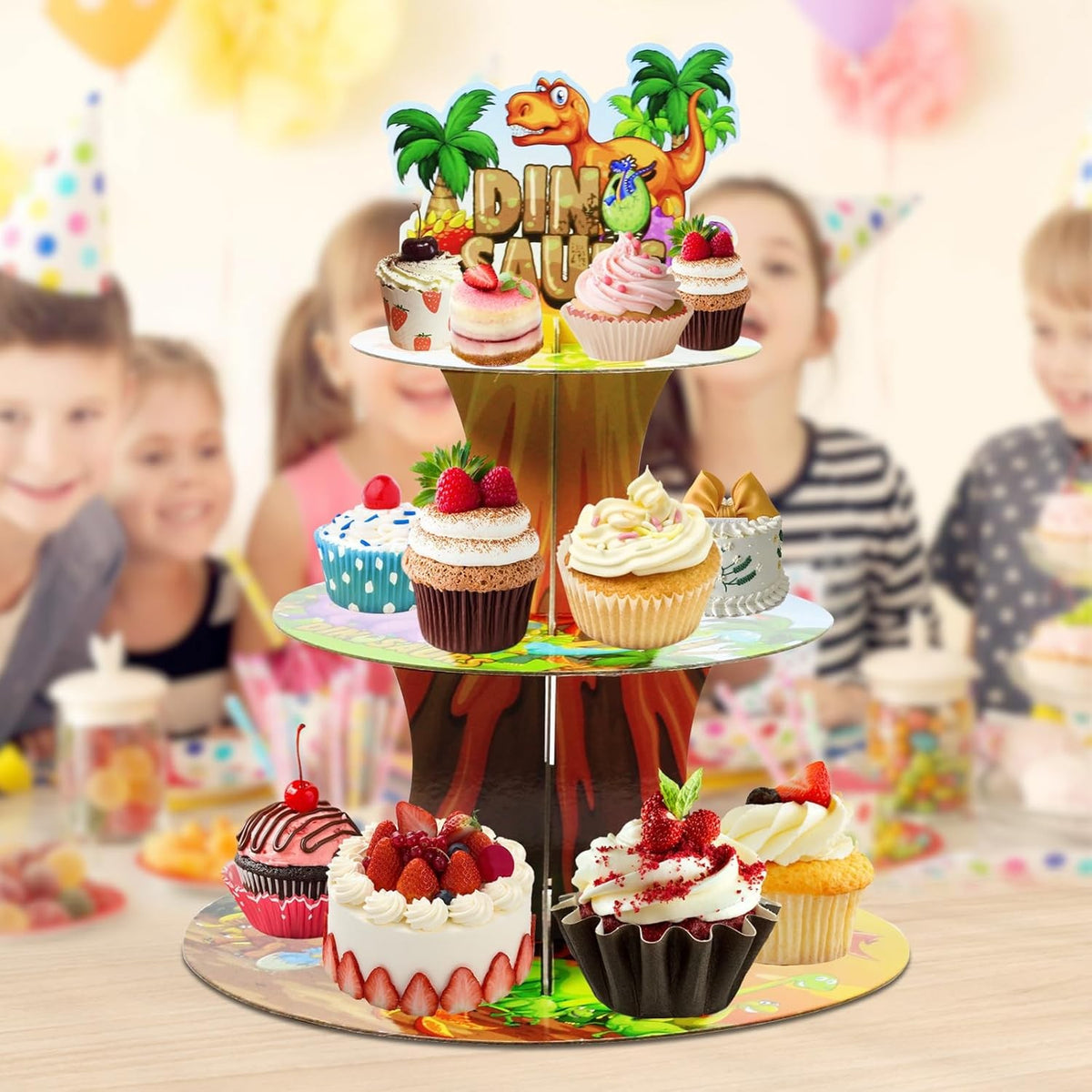 Etajera Suport pentru Prajituri si Cupcakes, Tema Dinozauri, Petrecere Copii, Carton Rezistent, 3 Nivele, Diametru 16/22/29 cm, Inaltime 38 cm, Multicolor