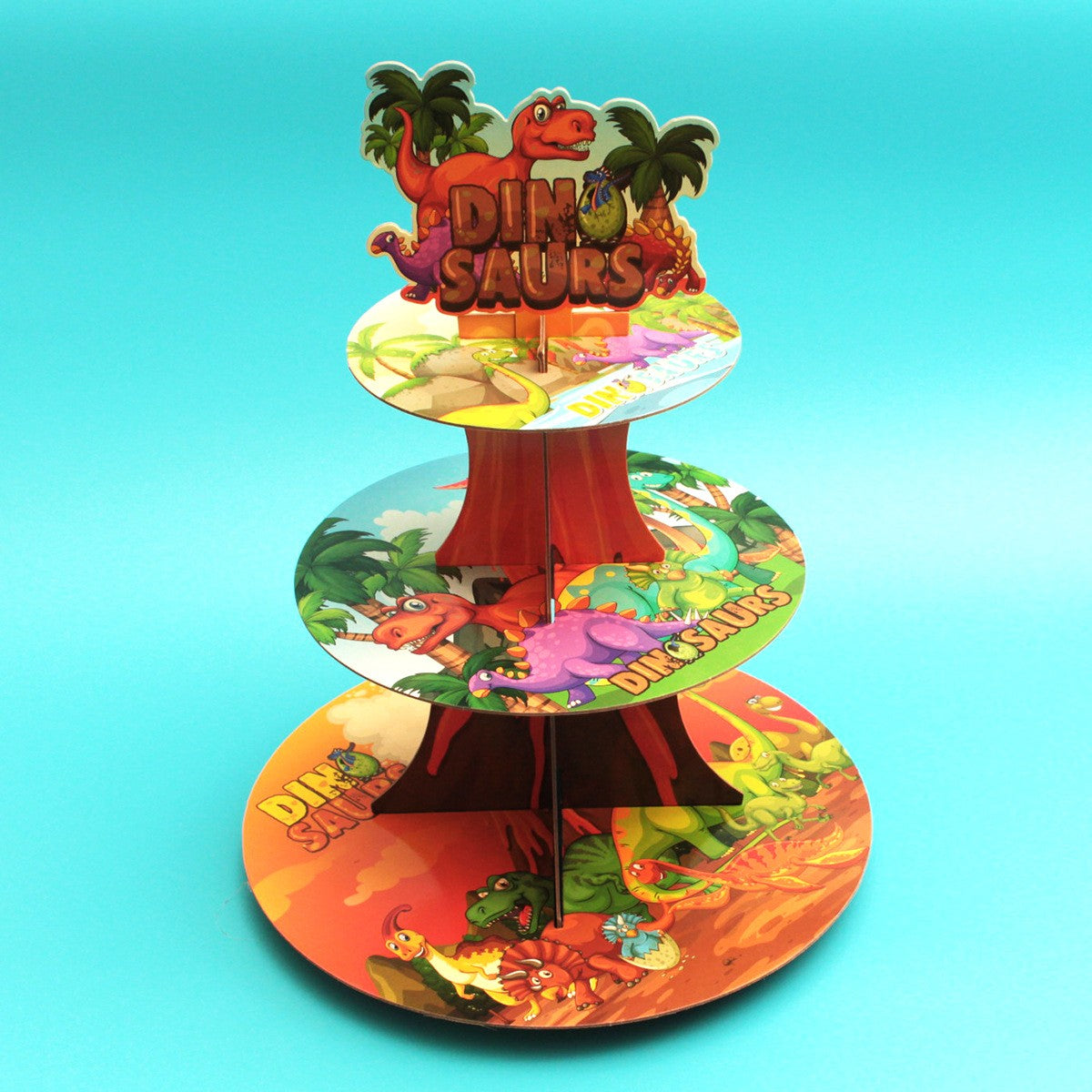 Etajera Suport pentru Prajituri si Cupcakes, Tema Dinozauri, Petrecere Copii, Carton Rezistent, 3 Nivele, Diametru 16/22/29 cm, Inaltime 38 cm, Multicolor