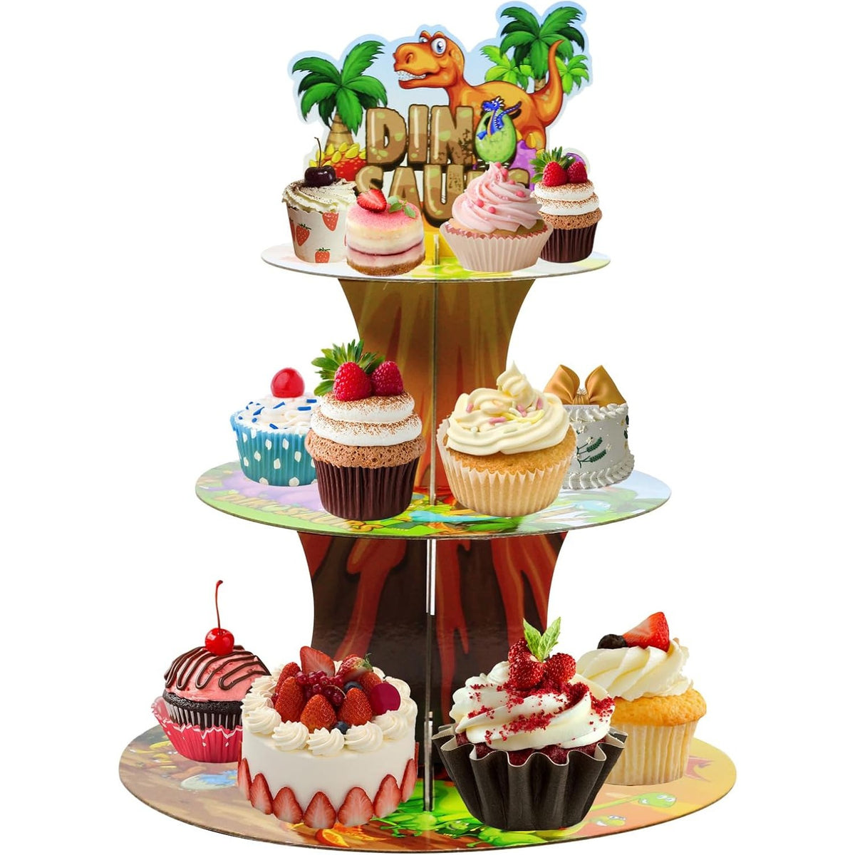 Etajera Suport pentru Prajituri si Cupcakes, Tema Dinozauri, Petrecere Copii, Carton Rezistent, 3 Nivele, Diametru 16/22/29 cm, Inaltime 38 cm, Multicolor