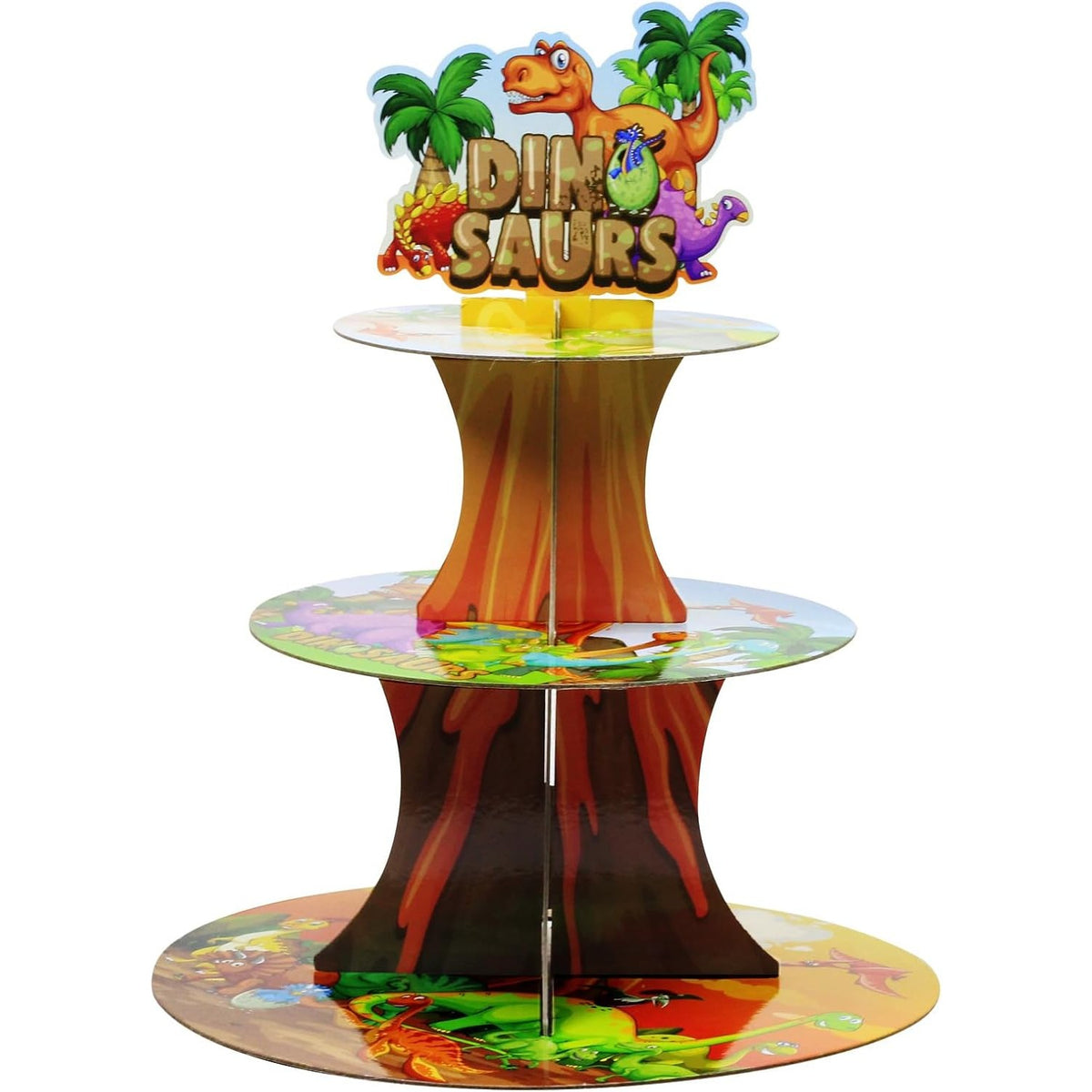 Etajera Suport pentru Prajituri si Cupcakes, Tema Dinozauri, Petrecere Copii, Carton Rezistent, 3 Nivele, Diametru 16/22/29 cm, Inaltime 38 cm, Multicolor