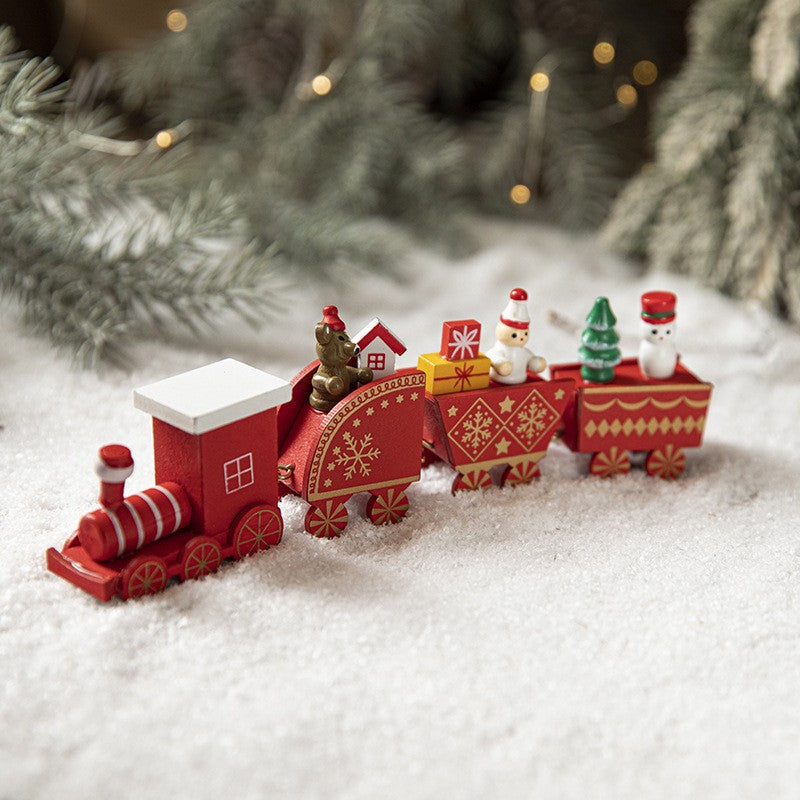 Trenulet Decorativ de Craciun, Ornament Figurina cu Personaje Festive, Lemn Pictat Manual, 20 cm, Rosu