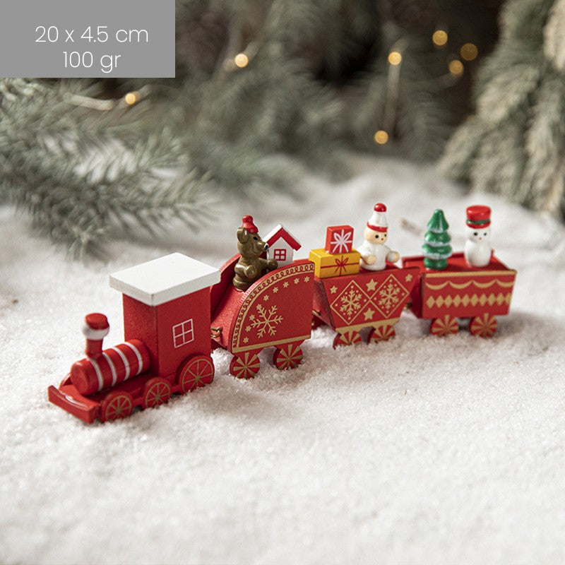 Trenulet Decorativ de Craciun, Ornament Figurina cu Personaje Festive, Lemn Pictat Manual, 20 cm, Rosu