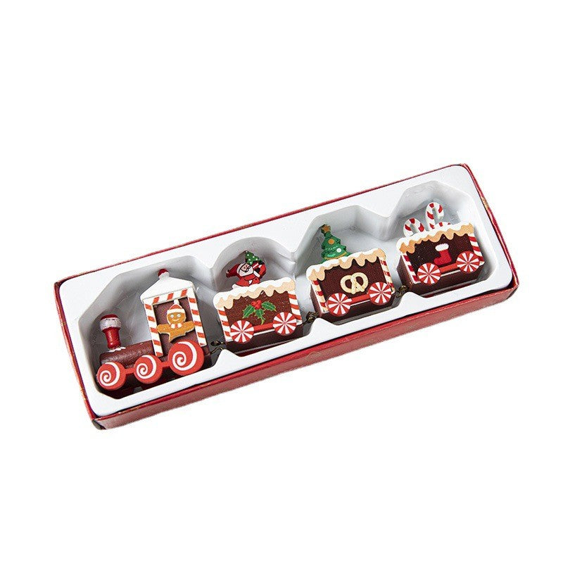 Trenulet Decorativ de Craciun, Ornament Figurina cu Personaje Festive, Lemn Pictat Manual, Rosu, 20 cm x 4.5 cm