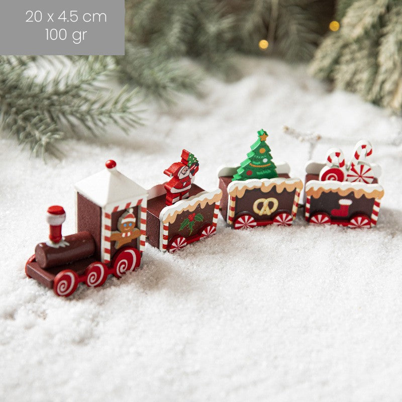 Trenulet Decorativ de Craciun, Ornament Figurina cu Personaje Festive, Lemn Pictat Manual, Rosu, 20 cm x 4.5 cm