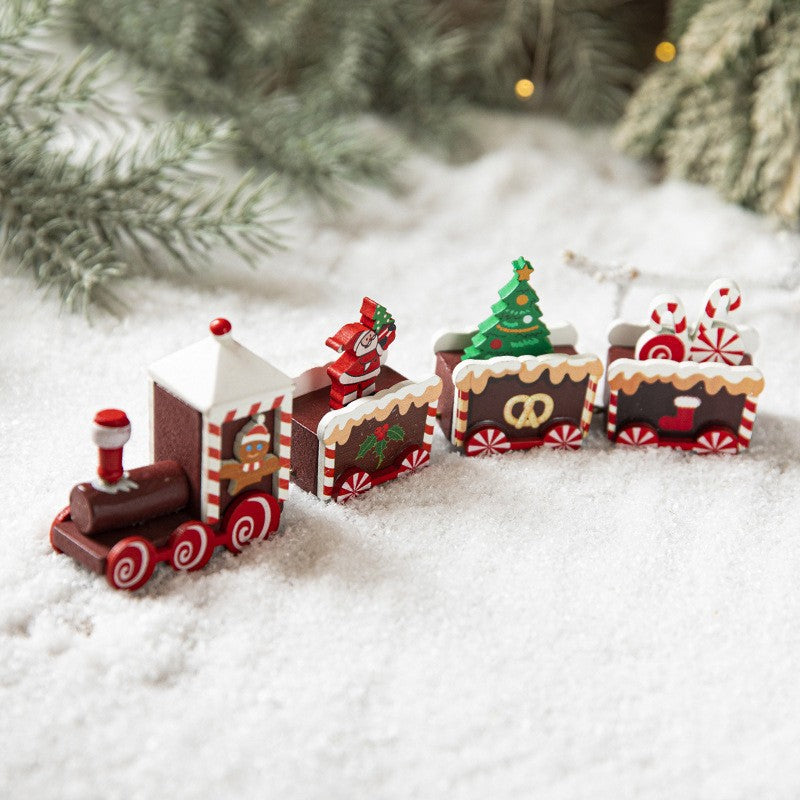 Trenulet Decorativ de Craciun, Ornament Figurina cu Personaje Festive, Lemn Pictat Manual, Rosu, 20 cm x 4.5 cm
