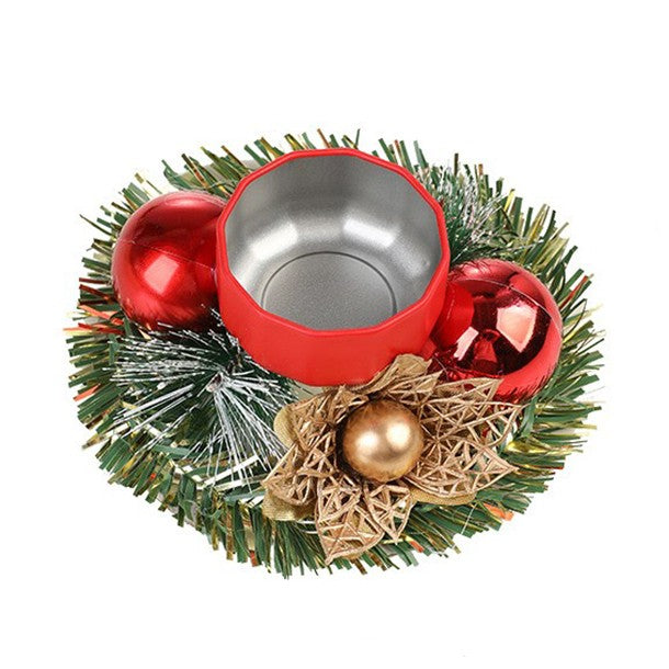 Suport pentru Lumanare de Craciun, Sfesnic Tip Cupa cu 2 Globulete Rosii si Ghirlanda, Decoratiune Festiva pentru Masa, Metal si Material Sintetic, 12 x 12 x 6 cm, Rosu cu Auriu
