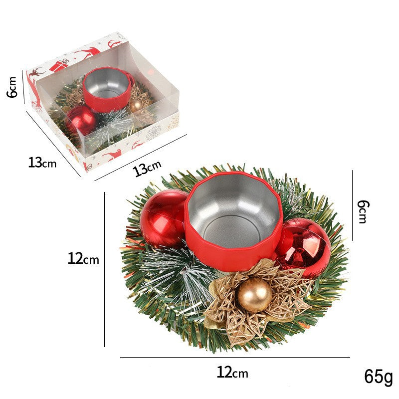 Suport pentru Lumanare de Craciun, Sfesnic Tip Cupa cu 2 Globulete Rosii si Ghirlanda, Decoratiune Festiva pentru Masa, Metal si Material Sintetic, 12 x 12 x 6 cm, Rosu cu Auriu