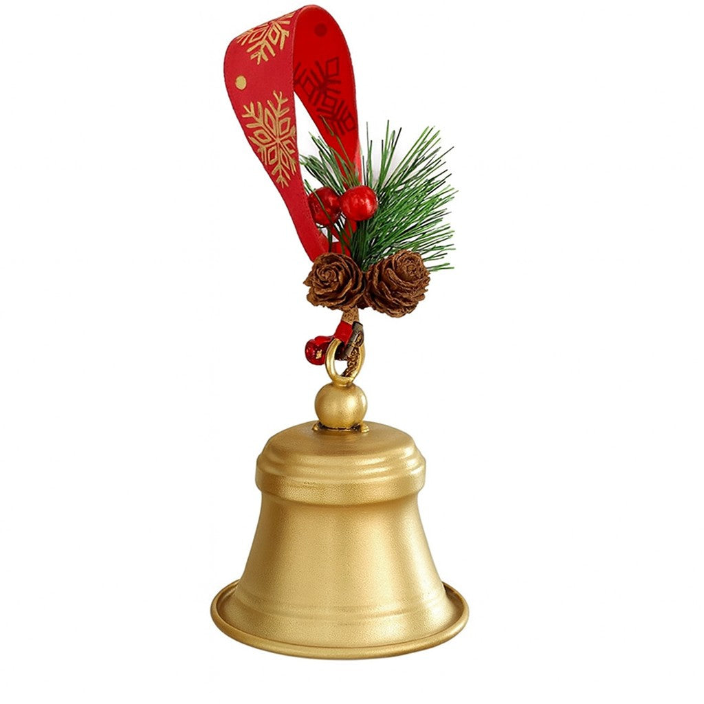 Clopot Decorativ pentru Brad Craciun, Ornament Metalic cu Funda Rosie si Crenguta de Brad, Accesoriu Festiv Suspendabil, Metal, 10 x 8 x 8 cm, Auriu