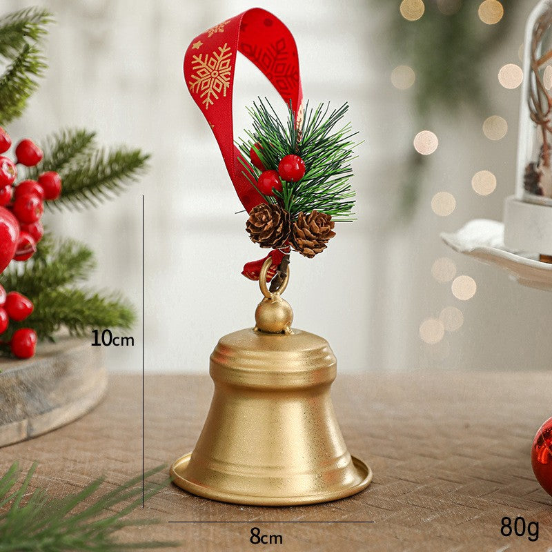 Clopot Decorativ pentru Brad Craciun, Ornament Metalic cu Funda Rosie si Crenguta de Brad, Accesoriu Festiv Suspendabil, Metal, 10 x 8 x 8 cm, Auriu