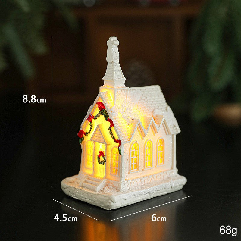 Decoratiune Biserica de Craciun Iluminata, Ornament Festiv cu Lumina Calda, Rasina, 8.8 x 6 x 4.5 cm, Alb