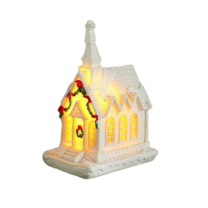 Decoratiune Biserica de Craciun Iluminata, Ornament Festiv cu Lumina Calda, Rasina, 8.8 x 6 x 4.5 cm, Alb