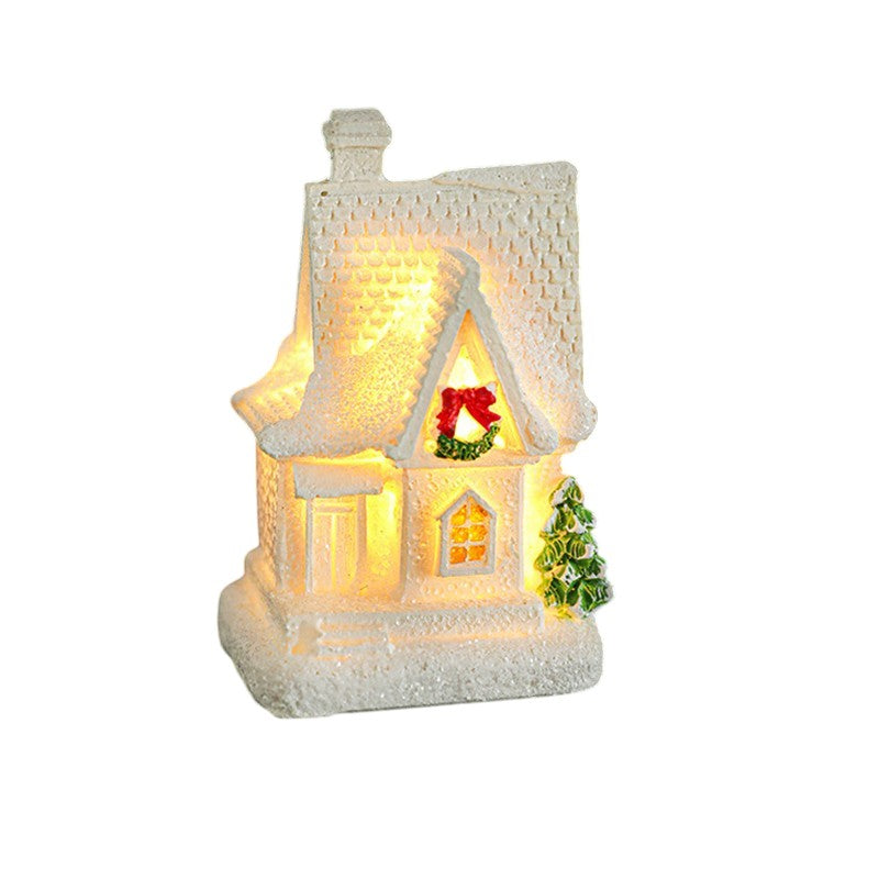 Casuta de Craciun Decorativa, Ornament Miniatura Iluminat Interior cu LED, Rasina, 8.5 x 5 x 4 cm, Alb cu Detalii Festive