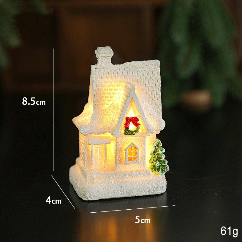 Casuta de Craciun Decorativa, Ornament Miniatura Iluminat Interior cu LED, Rasina, 8.5 x 5 x 4 cm, Alb cu Detalii Festive