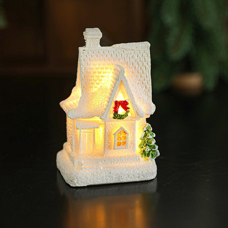 Casuta de Craciun Decorativa, Ornament Miniatura Iluminat Interior cu LED, Rasina, 8.5 x 5 x 4 cm, Alb cu Detalii Festive