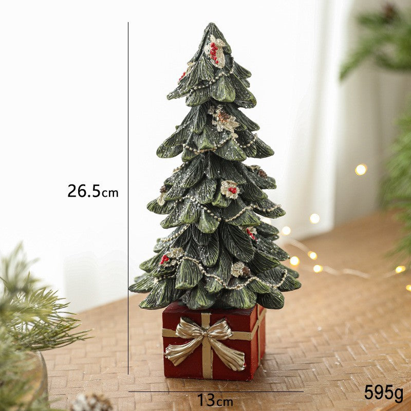 Ornament Brad De Craciun Cu Cadouri, Decoratiune Festiva Din Rasina Pentru Masa Sau Semineu, Model Sculptat, 26.5 x 13 x 13 cm, Verde Cu Rosu
