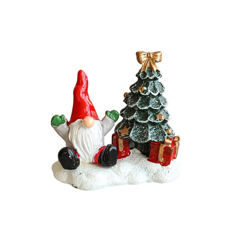 Ornament Craciun Figurina Mos Craciun cu Brad si Cadouri, Decoratiune Masa sau Birou, Rasina, 6.5 x 6.5 x 4 cm, Rosu/Alb/Verde