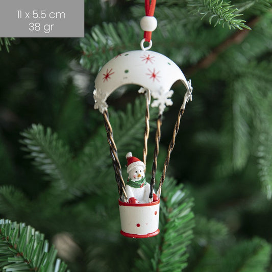 Ornament Brad Craciun, Figurina Om de Zapada in Balon cu Aer Cald, Decoratiune Suspendata, Metal Rezistent, Alb, 11 x 5.5 x 5.5 cm
