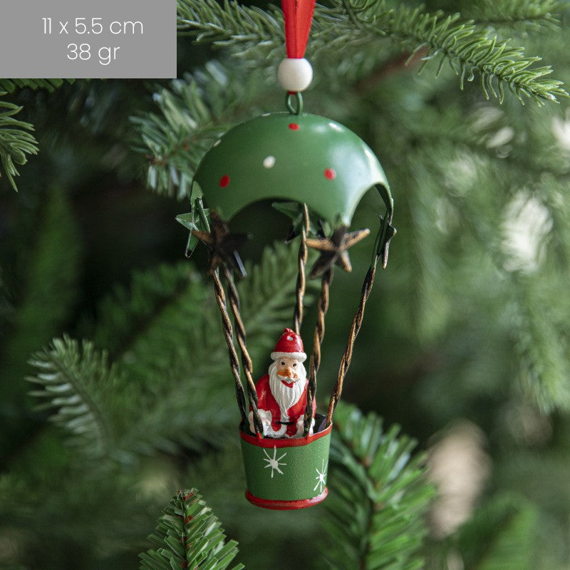 Ornament Brad Craciun, Figurina Mos Craciun in Balon cu Aer Cald, Decoratiune Suspendata din Metal, 11 x 5.5 x 5.5 cm, Verde