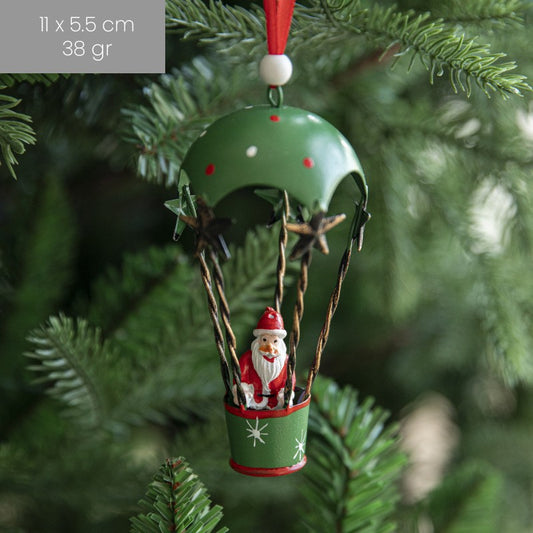 Ornament Brad Craciun, Figurina Mos Craciun in Balon cu Aer Cald, Decoratiune Suspendata din Metal, 11 x 5.5 x 5.5 cm, Verde