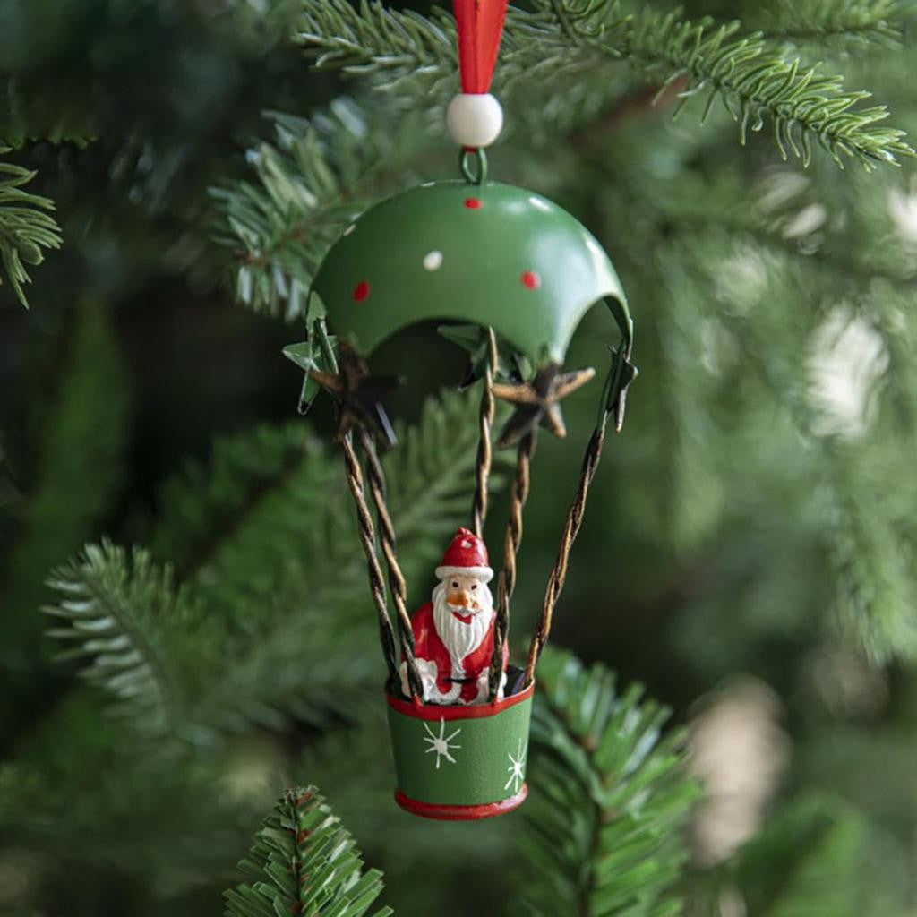 Ornament Brad Craciun, Figurina Mos Craciun in Balon cu Aer Cald, Decoratiune Suspendata din Metal, 11 x 5.5 x 5.5 cm, Verde