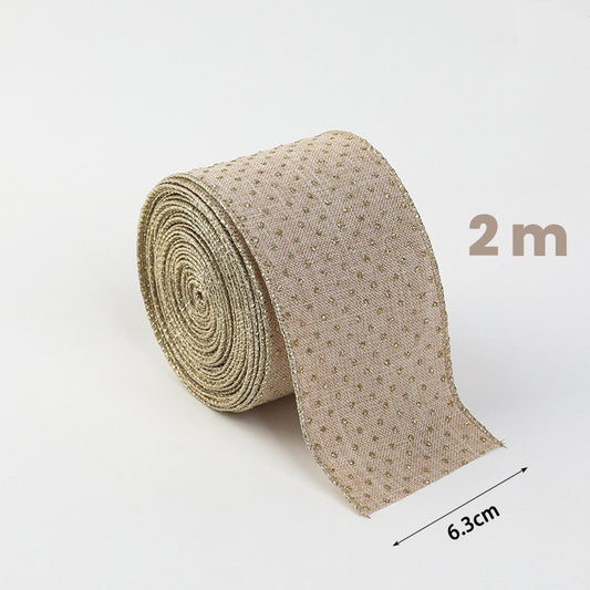 Panglica Decorativa de Craciun pentru Brad si Funde, Imprimeu Puncte Aurii, Material Textil Flexibil, 200 x 6.3 cm, Khaki/Auriu