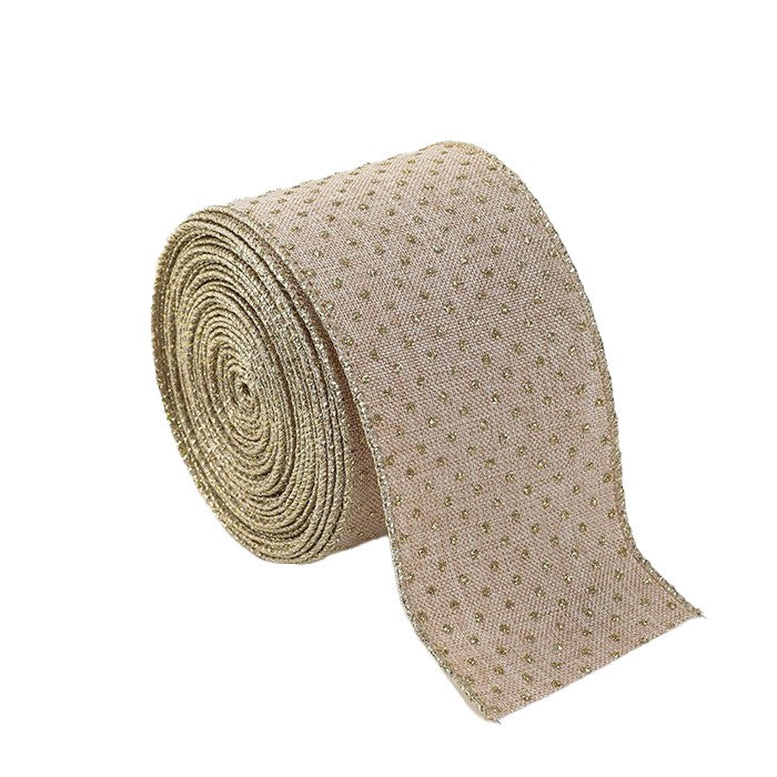 Panglica Decorativa de Craciun pentru Brad si Funde, Imprimeu Puncte Aurii, Material Textil Flexibil, 200 x 6.3 cm, Khaki/Auriu