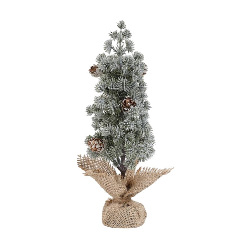 Bradut Artificial Decorativ pentru Masa, Ornament Craciun cu Fulgi Albi si Conuri Naturale, Plastic si Suport Iuta, Inaltime 27 cm, Verde Alb