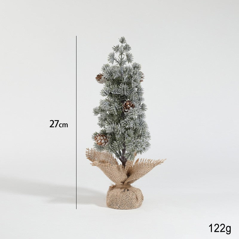 Bradut Artificial Decorativ pentru Masa, Ornament Craciun cu Fulgi Albi si Conuri Naturale, Plastic si Suport Iuta, Inaltime 27 cm, Verde Alb