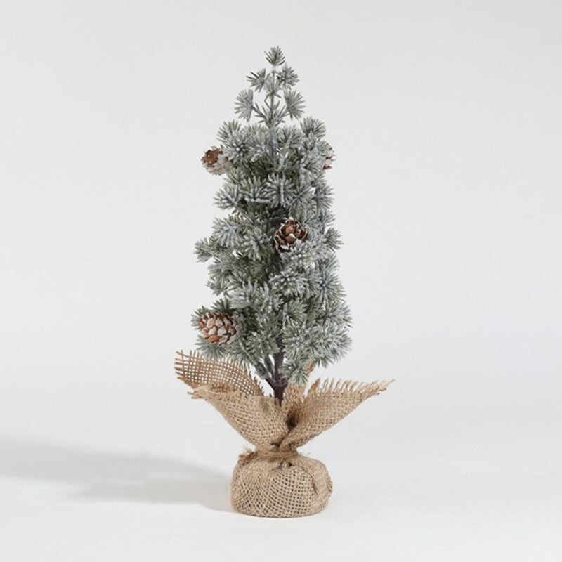Bradut Artificial Decorativ pentru Masa, Ornament Craciun cu Fulgi Albi si Conuri Naturale, Plastic si Suport Iuta, Inaltime 27 cm, Verde Alb