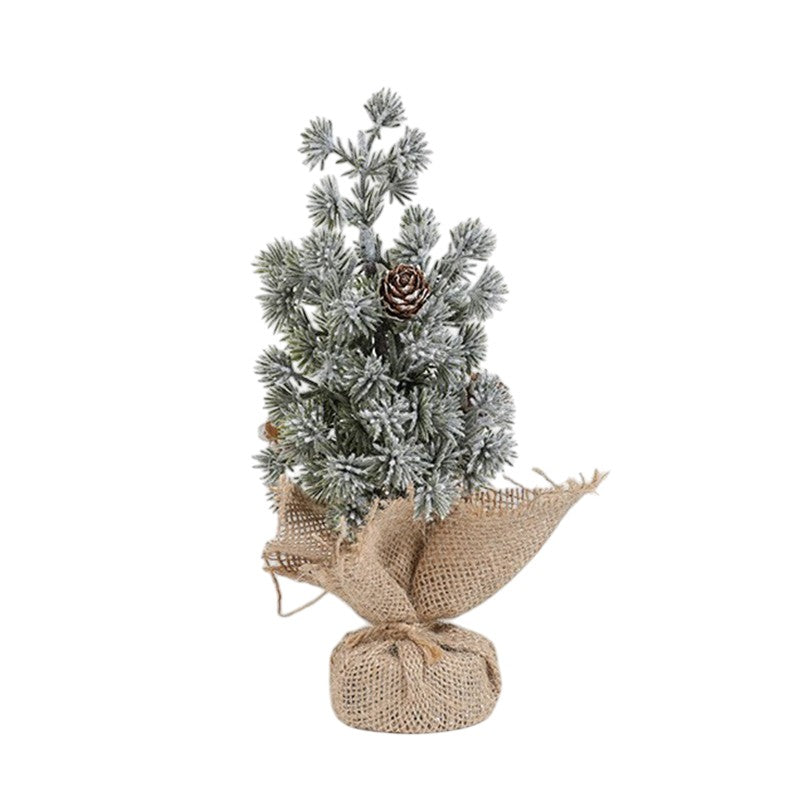 Brad de Craciun Artificial Mini, Ornament Decorativ pentru Masa si Birou, Efect de Zapada cu Conuri Naturale, Baza din Iuta, Plastic, 20 cm, Verde Alb