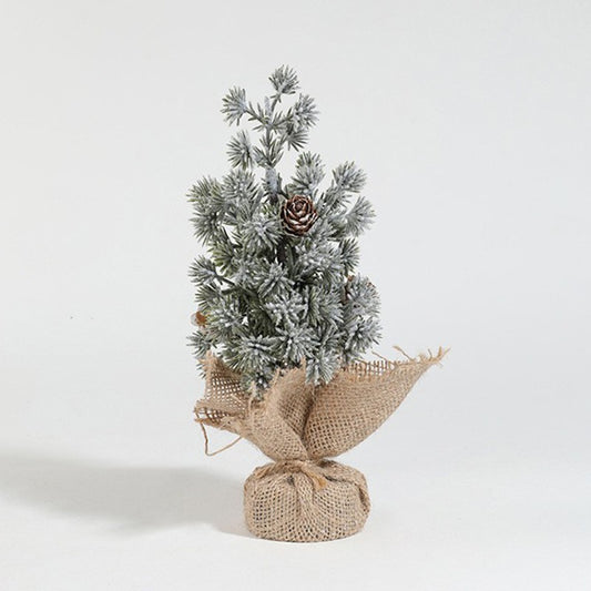 Brad de Craciun Artificial Mini, Ornament Decorativ pentru Masa si Birou, Efect de Zapada cu Conuri Naturale, Baza din Iuta, Plastic, 20 cm, Verde Alb