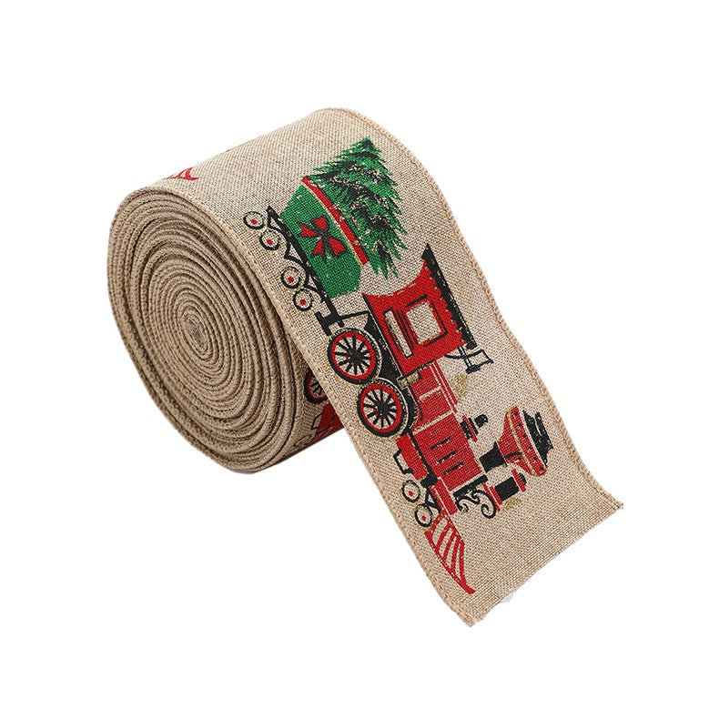 Panglica Decorativa Craciun pentru Brad si Cadouri, Imprimeu Trenulet, Material Textil Flexibil, Khaki, 200 x 6.3 cm