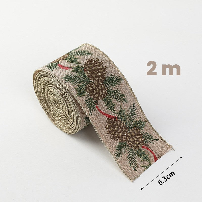 Panglica Decorativa Craciun, Imprimeu Conuri de Brad, Textil Flexibil pentru Funde si Cadouri, Khaki Verde Maro, 200 x 6.3 cm