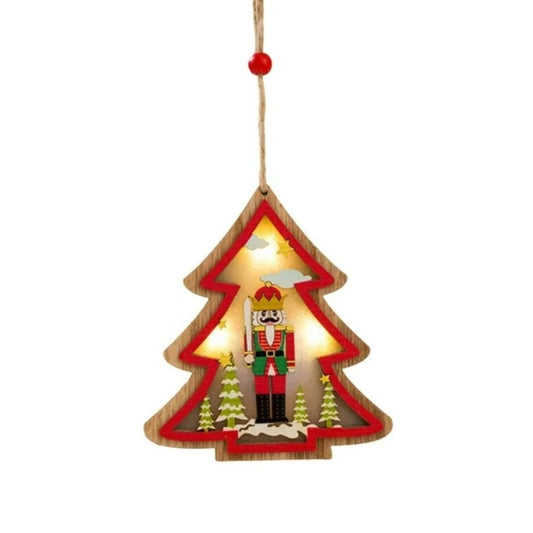 Ornament de Brad cu Lumini LED, Figurina Spargatorul de Nuci, Decoratiune de Craciun, Lemn Natural Decupat Laser, Multicolor, 11 x 11 cm
