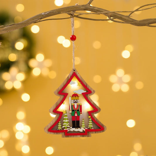 Ornament de Brad cu Lumini LED, Figurina Spargatorul de Nuci, Decoratiune de Craciun, Lemn Natural Decupat Laser, Multicolor, 11 x 11 cm