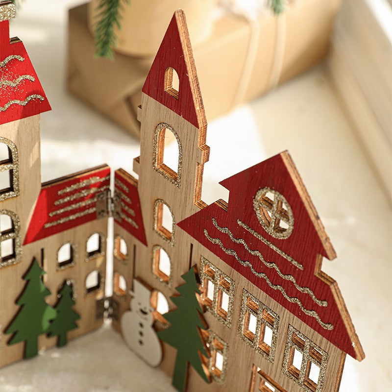 Gard Decorativ pentru Baza Bradului de Craciun, Model Orasel Castel European, Lemn Pliabil, 57 x 20 cm, Maro Natur si Rosu