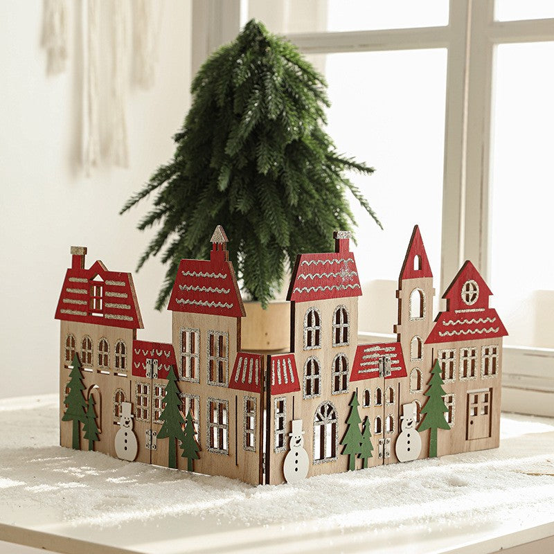 Gard Decorativ pentru Baza Bradului de Craciun, Model Orasel Castel European, Lemn Pliabil, 57 x 20 cm, Maro Natur si Rosu