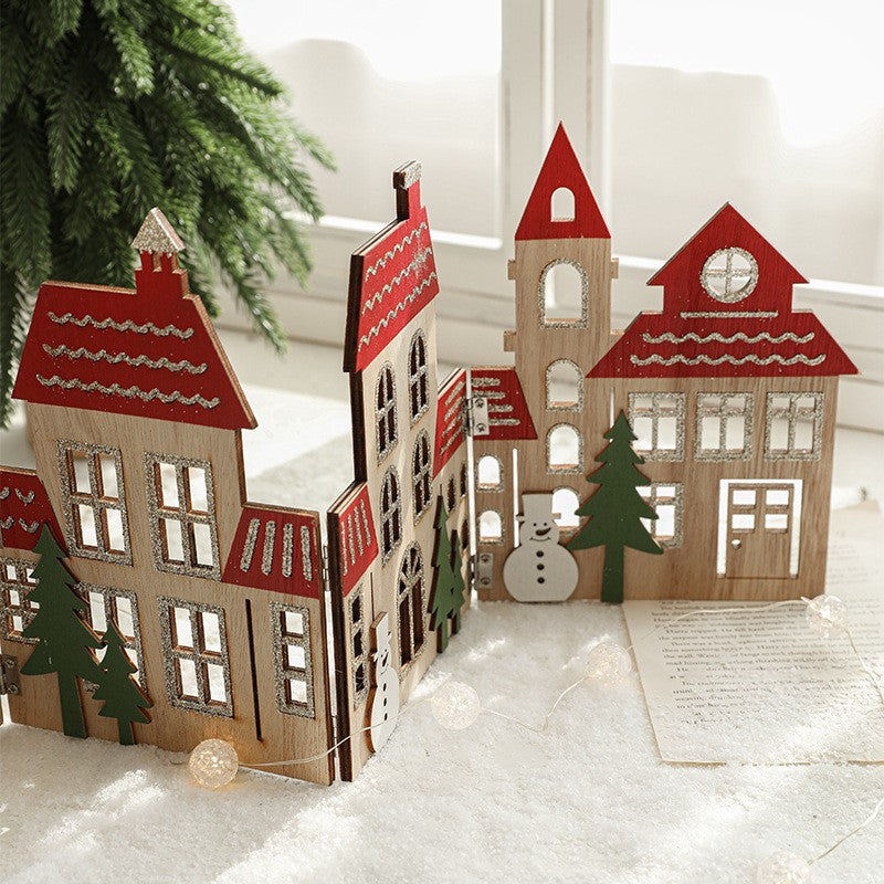 Gard Decorativ pentru Baza Bradului de Craciun, Model Orasel Castel European, Lemn Pliabil, 57 x 20 cm, Maro Natur si Rosu