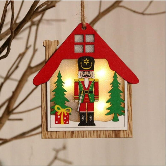 Ornament de Brad, Figurina Spargatorul de Nuci cu Lumini LED, Decupaj Laser, Lemn Natural, 11 x 11 cm, Multicolor