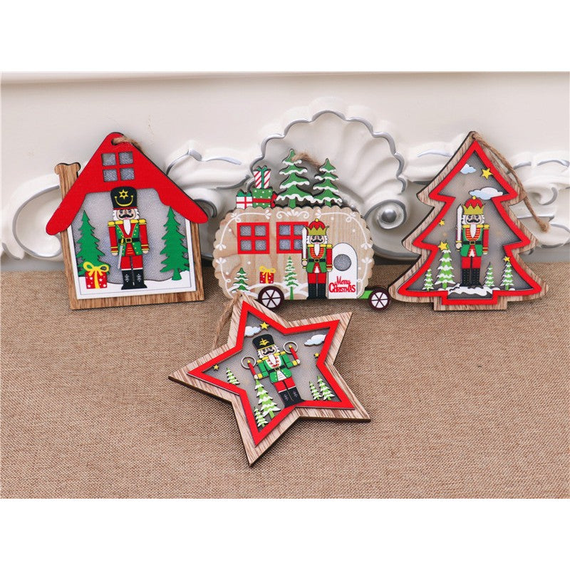Ornament de Brad, Figurina Spargatorul de Nuci cu Lumini LED, Decupaj Laser, Lemn Natural, 11 x 11 cm, Multicolor