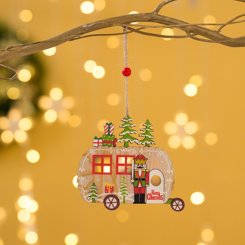 Ornament de Brad cu Lumini LED, Figurina Spărgătorul de Nuci, Lemn Natural Decupat Laser, Pandantiv Luminos Crăciun, Multicolor, 11 x 11 cm