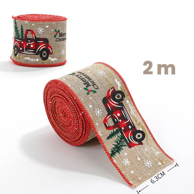 Panglica Decorativa de Craciun pentru Brad si Funde, Imprimeu Tematic Pick-Up Merry Christmas, Material Textil Flexibil, 200 x 6.3 cm, Khaki Rosu