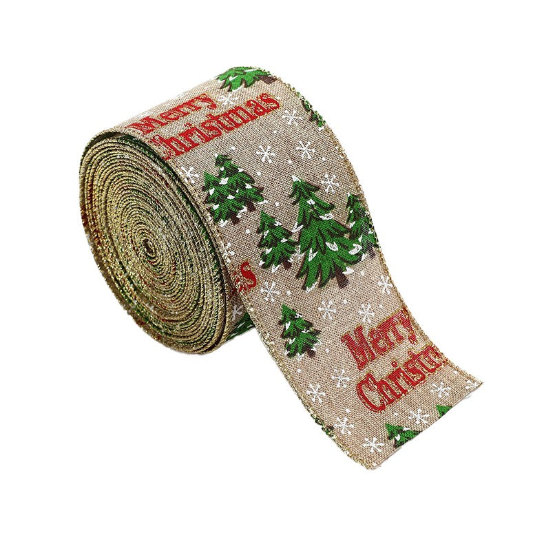 Panglica Decorativa de Craciun pentru Brad si Cadouri, Model Brazi Merry Christmas, Material Textil Flexibil, Khaki si Rosu, 200 x 6.3 cm