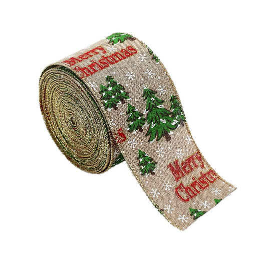 Panglica Decorativa de Craciun pentru Brad si Cadouri, Model Brazi Merry Christmas, Material Textil Flexibil, Khaki si Rosu, 200 x 6.3 cm