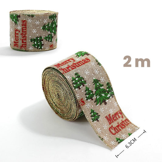 Panglica Decorativa de Craciun pentru Brad si Cadouri, Model Brazi Merry Christmas, Material Textil Flexibil, Khaki si Rosu, 200 x 6.3 cm