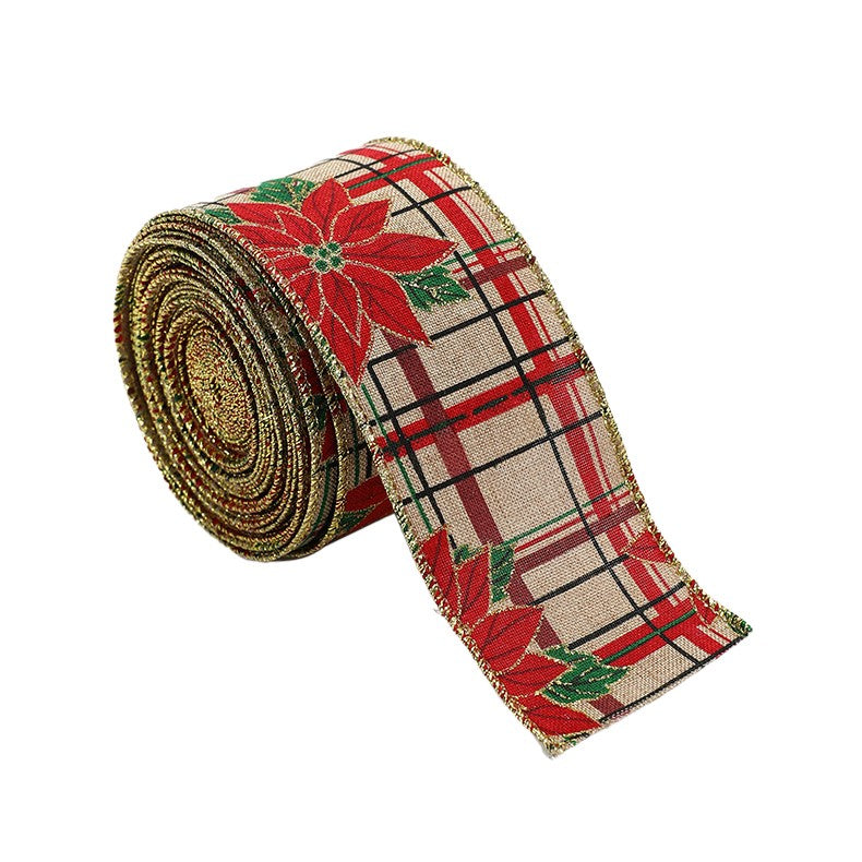 Panglica Decorativa de Craciun pentru Brad si Funde, Imprimeu Floare Rosie, Material Textil Flexibil, Khaki si Rosu, 200 x 6.3 cm