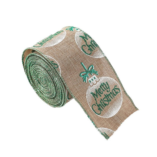 Panglica Decorativa de Craciun, Imprimeu Globulet Merry Christmas, Material Textil Flexibil pentru Brad si Cadouri, Khaki Alb Verde, 200 x 6.3 cm