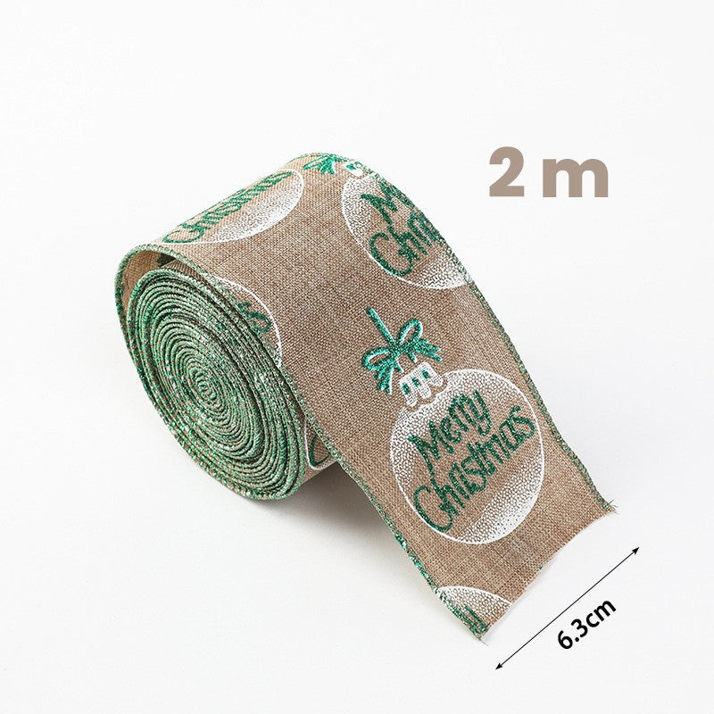 Panglica Decorativa de Craciun, Imprimeu Globulet Merry Christmas, Material Textil Flexibil pentru Brad si Cadouri, Khaki Alb Verde, 200 x 6.3 cm