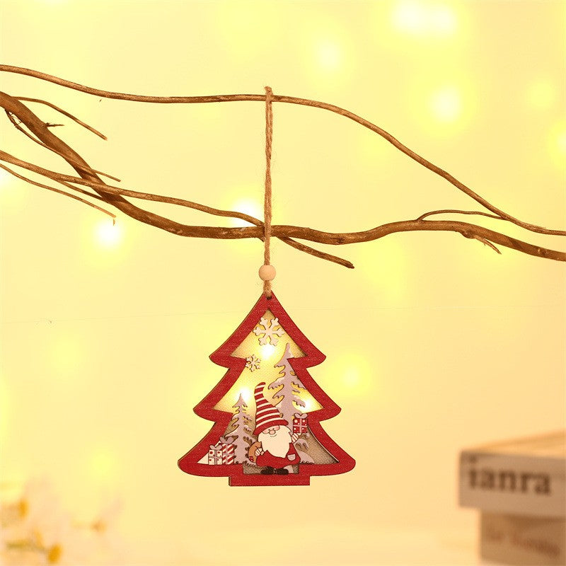 Ornament de Brad cu Lumini LED, Figurina Elf si Model Brad, Lemn Natural, Multicolor, 11 x 10 x 1 cm